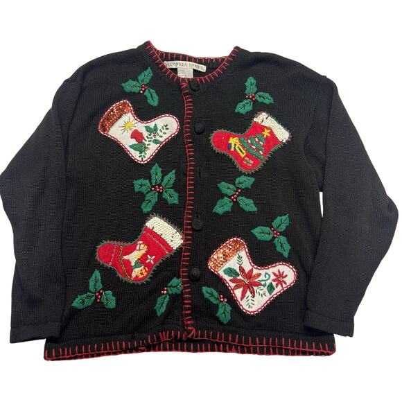 Vintage Victoria Jones Christmas Sweater Med Black Stocking Holly Applique - Picture 2 of 11